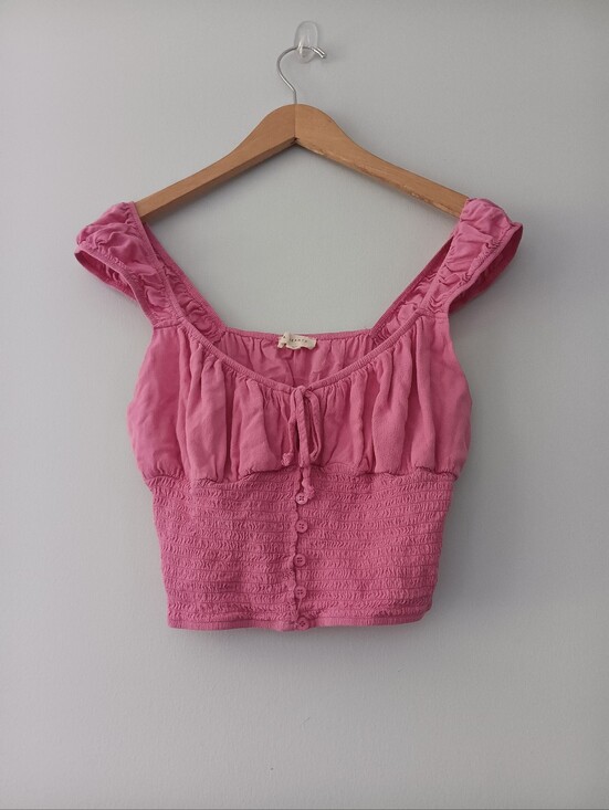 La Hearts Tops - La Hearts Pink Smocked Button Top L Coquette Feminine Tassel Crop